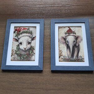 Pair of 5 X 7 Christmas Critters - Elephant & Lamb in Denim blue wooden frames.